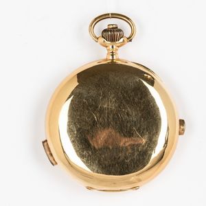 Orologio da tasca con ripetizione ore-quarti e chrono, cassa in oro 18 kt a tre corpi, movimento con scappamento ad ancora, ripetizione azionata con pulsante, quadrante in smalto bianco, 1910 circa  - Asta Orologi da Tasca - Associazione Nazionale - Case d'Asta italiane