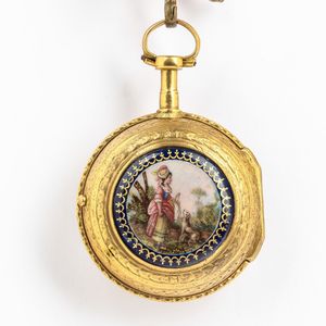 Orologio da tasca con chateleine coeva in metallo dorato, firmato Moilliet a Geneve del 1790 circa, cassa in ottone dorato, produzione Svizzera per il mercato inglese, scappamento a verga, smalto sul retro  - Asta Orologi da Tasca - Associazione Nazionale - Case d'Asta italiane