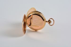 Le Coultre et Co orologio da tasca ripetizione minuti e cronografo del 1900 circa. <BR>Cassa 4 corpi in oro rosa 18kt, tipo savonette, attivazione della ripetizione a slitta, a pulsante per il crono. <BR>Quadrante in smalto bianco. <BR>Movimento Le Coultre a ponti separati, spirale Breguet, scappamento ad ancora. <BR>Suoneria a due martelli  su due gong.  - Asta Orologi da Tasca - Associazione Nazionale - Case d'Asta italiane