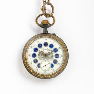 Coppia di orologi da tasca Regolateur di grandi dimensioni, casse in acciaio con decorazioni in ottone, quadrante in smalto con catouche, con rappresentazioni ferroviarie, scappamento ad ancora  - Asta Orologi da Tasca - Associazione Nazionale - Case d'Asta italiane