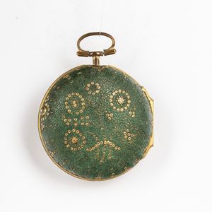 Orologio da tasca inglese firmato Francis Pinney London del 1760 circa, doppia cassa in metallo dorato al mercurio, cassa esterna associata in  zigrino verde con inserti in oro basso, quadrante in smalto, scappamento a verga  - Asta Orologi da Tasca - Associazione Nazionale - Case d'Asta italiane