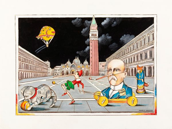 Mario Grasso : Pinocchio e Collodi in Piazza San Marco  - Asta Fumetti: Tavole e Illustrazioni Originali - Associazione Nazionale - Case d'Asta italiane