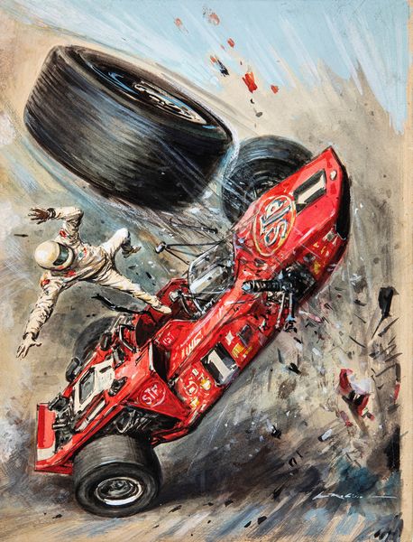 Walter Molino : Incidente in Formula 1  - Asta Fumetti: Tavole e Illustrazioni Originali - Associazione Nazionale - Case d'Asta italiane