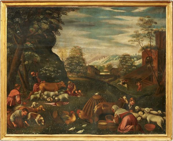 Scuola dei Bassano del XVII secolo : Paesaggio con scena di mercato e arco  - Asta Dipinti e Sculture del XIX e XX secolo - Associazione Nazionale - Case d'Asta italiane