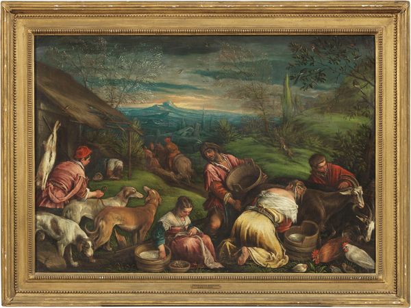 Francesco Bassano il Giovane (studio di) : Paesaggio con contadini (Pastorale)  - Asta Dipinti e Sculture del XIX e XX secolo - Associazione Nazionale - Case d'Asta italiane