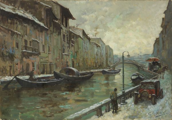 Giuseppe Solenghi : Naviglio sotto la neve  - Asta Dipinti e Sculture del XIX e XX secolo - Associazione Nazionale - Case d'Asta italiane