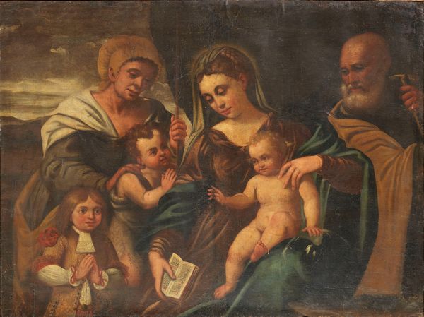 Scuola veneta del XVII secolo : Sacra Famiglia con San Giovannino, Sant'Anna e ritratto di donatore bambino  - Asta Dipinti e Sculture del XIX e XX secolo - Associazione Nazionale - Case d'Asta italiane