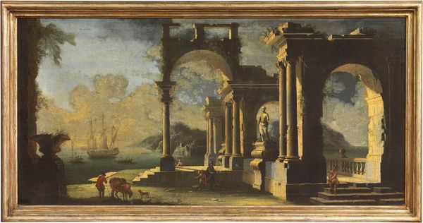 Viviano Codazzi (ambito di) : Paesaggio con rovine architettoniche, figure e un vascello nello sfondo  - Asta Dipinti e Sculture del XIX e XX secolo - Associazione Nazionale - Case d'Asta italiane