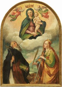 Scuola Italia centrale fine del XVI secolo - Madonna incoronata con Santa Caterina d'Alessandria e Sant'Antonio Abate