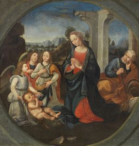 Scuola toscana inizio del XVII secolo - Sacra Famiglia con tre Angeli