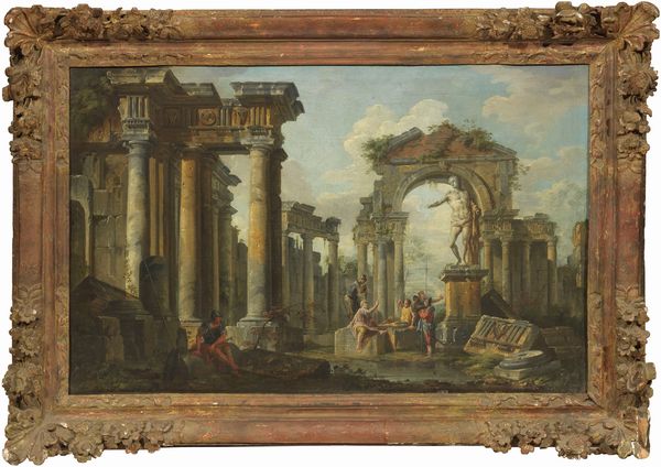 Giovanni Paolo Panini : Rovine architettoniche con soldati sotto una statua romana  - Asta Importanti Arredi, Sculture e Dipinti Antichi - Associazione Nazionale - Case d'Asta italiane