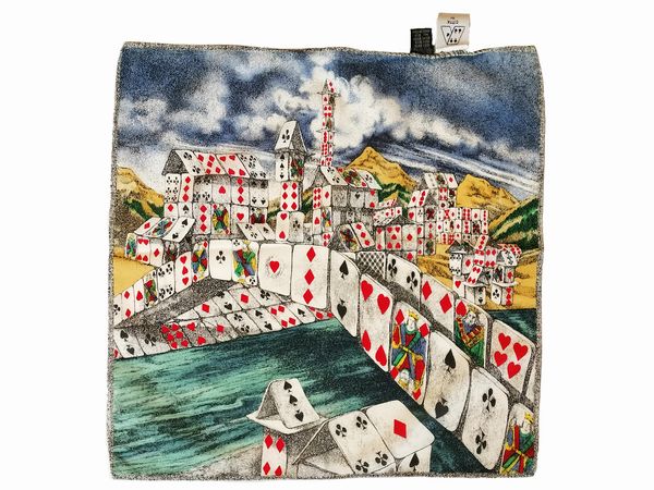 Fornasetti, Citt di carte piccolo foulard in seta  - Asta Vintagemania - Associazione Nazionale - Case d'Asta italiane