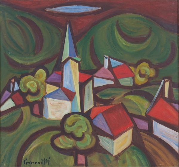 MASI SIMONETTI : Villaggio con chiesa (in rosso e verde)  - Asta Asta di arte moderna e contemporanea - Associazione Nazionale - Case d'Asta italiane