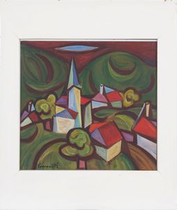 MASI SIMONETTI : Villaggio con chiesa (in rosso e verde)  - Asta Asta di arte moderna e contemporanea - Associazione Nazionale - Case d'Asta italiane