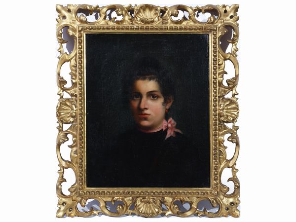 Scuola toscana della fine del XIX secolo : Ritratto di donna con fiocco rosa  - Asta L'arte di arredare - Associazione Nazionale - Case d'Asta italiane