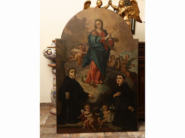 Scuola dell'Italia centrale : Immacolata concezione  con i Santi Francesco e Antonio da Padova  - Asta L'arte di arredare - Associazione Nazionale - Case d'Asta italiane