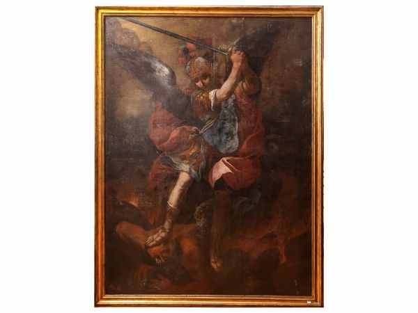 Scuola romana del XVIII secolo : San Michele Arcangelo  - Asta L'arte di arredare - Associazione Nazionale - Case d'Asta italiane