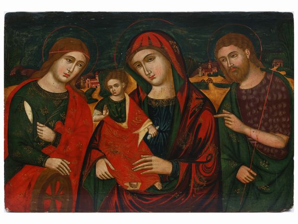 Scuola veneto-cretese del XIX secolo : Madonna Odigitria tra i santi Giovanni Battista e Caterina d'Alessandria  - Asta L'arte di arredare - Associazione Nazionale - Case d'Asta italiane