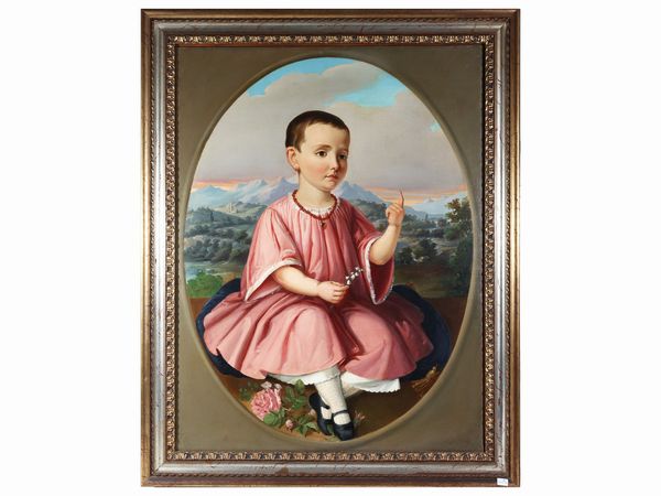 Scuola italiana del XIX secolo : Ritratto di bambina con abito rosa e collana di corallo  - Asta L'arte di arredare - Associazione Nazionale - Case d'Asta italiane