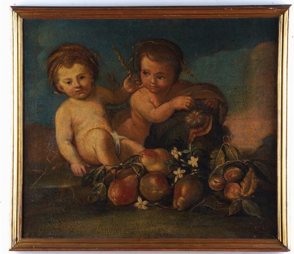 Scuola del XVIII secolo Putti che giocano con natura morta  - Asta Dipinti Antichi - Associazione Nazionale - Case d'Asta italiane