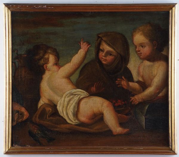 Scuola del XVIII secolo Putti che giocano con natura morta  - Asta Dipinti Antichi - Associazione Nazionale - Case d'Asta italiane