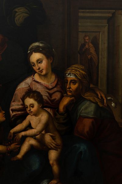 Scuola romana del XVII secolo Sacra Famiglia con San Giovannino e Sant'Anna in un interno  - Asta Dipinti Antichi - Associazione Nazionale - Case d'Asta italiane