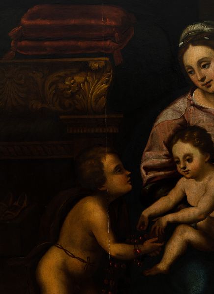 Scuola romana del XVII secolo Sacra Famiglia con San Giovannino e Sant'Anna in un interno  - Asta Dipinti Antichi - Associazione Nazionale - Case d'Asta italiane