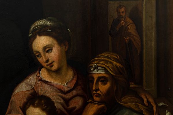 Scuola romana del XVII secolo Sacra Famiglia con San Giovannino e Sant'Anna in un interno  - Asta Dipinti Antichi - Associazione Nazionale - Case d'Asta italiane