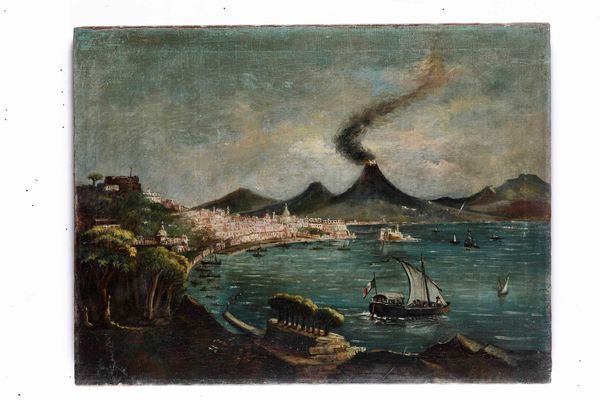 Scuola del XIX secolo Veduta del golfo di Napoli con il Vesuvio  - Asta Dipinti Antichi - Associazione Nazionale - Case d'Asta italiane