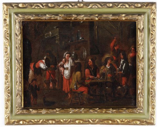 Scuola fiamminga del XVII secolo Scene di genere con popolani  - Asta Dipinti Antichi - Associazione Nazionale - Case d'Asta italiane