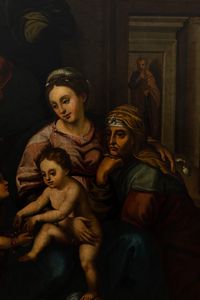 Scuola romana del XVII secolo Sacra Famiglia con San Giovannino e Sant'Anna in un interno  - Asta Dipinti Antichi - Associazione Nazionale - Case d'Asta italiane