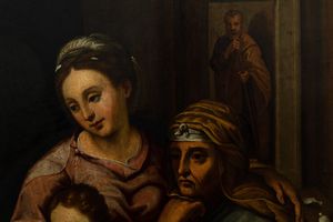 Scuola romana del XVII secolo Sacra Famiglia con San Giovannino e Sant'Anna in un interno  - Asta Dipinti Antichi - Associazione Nazionale - Case d'Asta italiane