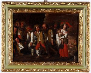 Scuola fiamminga del XVII secolo Scene di genere con popolani  - Asta Dipinti Antichi - Associazione Nazionale - Case d'Asta italiane