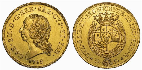 REGNO DI SARDEGNA. CARLO EMANUELE III DI SAVOIA, 1755-1773 (II PERIODO). Carlino da 5 doppie 1758.  - Asta Numismatica - Associazione Nazionale - Case d'Asta italiane