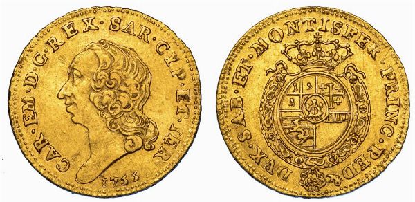 REGNO DI SARDEGNA. CARLO EMANUELE III DI SAVOIA, 1755-1773 (II PERIODO). Quarto di Doppia Nuova 1755. Torino.  - Asta Numismatica - Associazione Nazionale - Case d'Asta italiane