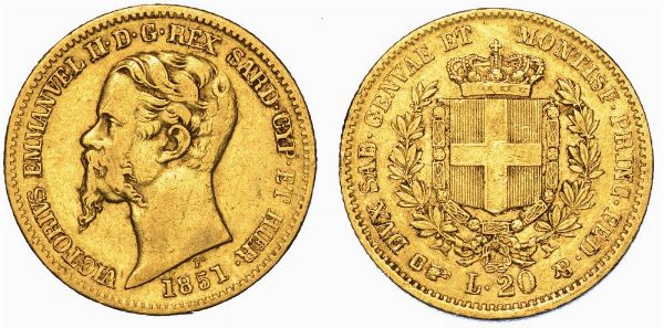 REGNO DI SARDEGNA. VITTORIO EMANUELE II DI SAVOIA, 1849-1861. 20 Lire 1851. Torino.  - Asta Numismatica - Associazione Nazionale - Case d'Asta italiane