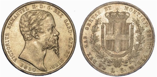 REGNO DI SARDEGNA. VITTORIO EMANUELE II DI SAVOIA, 1849-1861. 5 Lire 1850. Genova.  - Asta Numismatica - Associazione Nazionale - Case d'Asta italiane