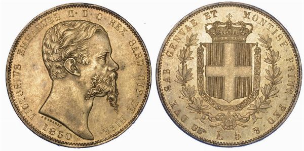 REGNO DI SARDEGNA. VITTORIO EMANUELE II DI SAVOIA, 1849-1861. 5 Lire 1850. Torino.  - Asta Numismatica - Associazione Nazionale - Case d'Asta italiane