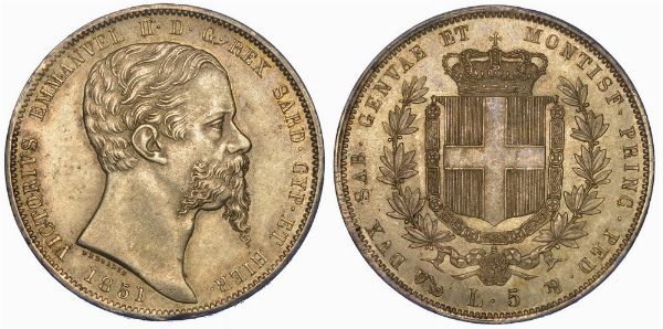 REGNO DI SARDEGNA. VITTORIO EMANUELE II DI SAVOIA, 1849-1861. 5 Lire 1851. Genova.  - Asta Numismatica - Associazione Nazionale - Case d'Asta italiane