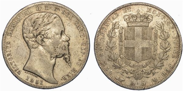 REGNO DI SARDEGNA. VITTORIO EMANUELE II DI SAVOIA, 1849-1861. 5 Lire 1851. Torino.  - Asta Numismatica - Associazione Nazionale - Case d'Asta italiane