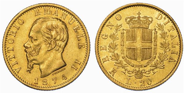 REGNO D'ITALIA. VITTORIO EMANUELE II DI SAVOIA, 1861-1878. 20 Lire 1874. Roma.  - Asta Numismatica - Associazione Nazionale - Case d'Asta italiane