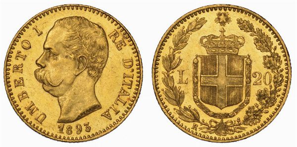 REGNO D'ITALIA. UMBERTO I DI SAVOIA, 1878-1900. 20 Lire 1893.  - Asta Numismatica - Associazione Nazionale - Case d'Asta italiane