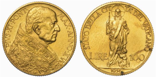 VATICANO. PIO XI, 1922-1939. 100 Lire 1936/A. XV.  - Asta Numismatica - Associazione Nazionale - Case d'Asta italiane