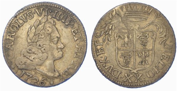 MILANO. CARLO VI D'ASBURGO, 1707-1740. Da 20 Soldi 1726.  - Asta Numismatica - Associazione Nazionale - Case d'Asta italiane