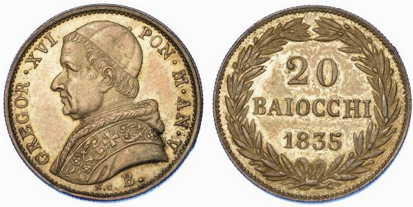 BOLOGNA. GREGORIO XVI, 1831-1846. 20 Baiocchi 1835/A. V.  - Asta Numismatica - Associazione Nazionale - Case d'Asta italiane