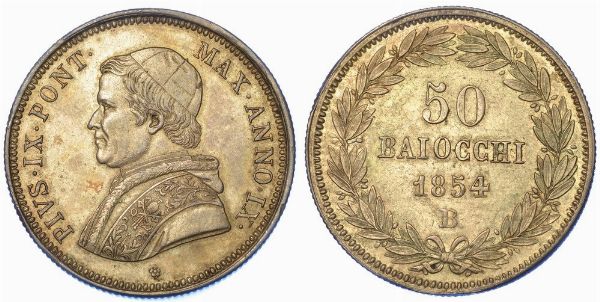 BOLOGNA. PIO IX, 1846-1878. 50 Baiocchi 1854/A. IX.  - Asta Numismatica - Associazione Nazionale - Case d'Asta italiane