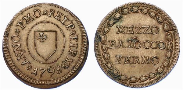 FERMO. REPUBBLICA FIRMANA, 1798. Mezzo baiocco A. I/1798.  - Asta Numismatica - Associazione Nazionale - Case d'Asta italiane