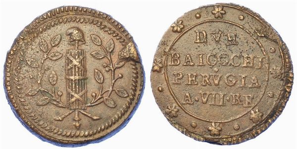 PERUGIA. PRIMA REPUBBLICA ROMANA, 1798-1799. 2 baiocchi anno VII (1799).  - Asta Numismatica - Associazione Nazionale - Case d'Asta italiane