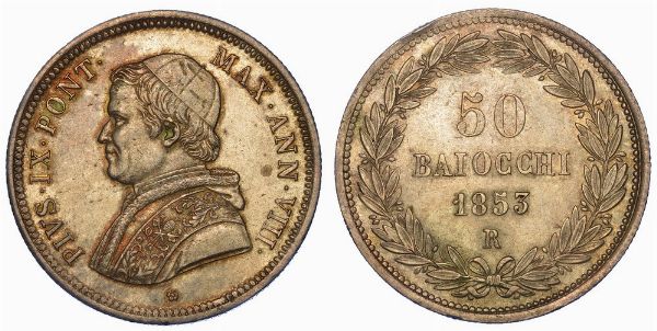 ROMA. PIO IX, 1846-1878. 50 Baiocchi 1853/A. VIII.  - Asta Numismatica - Associazione Nazionale - Case d'Asta italiane