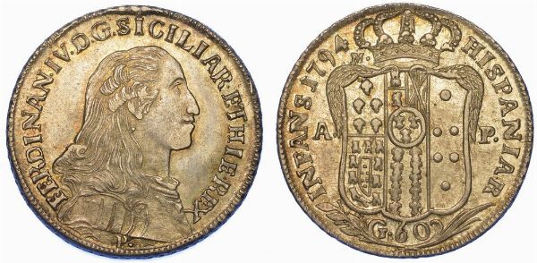 NAPOLI. FERDINANDO IV DI BORBONE, 1759-1816. Mezza piastra da 60 grana 1794.  - Asta Numismatica - Associazione Nazionale - Case d'Asta italiane